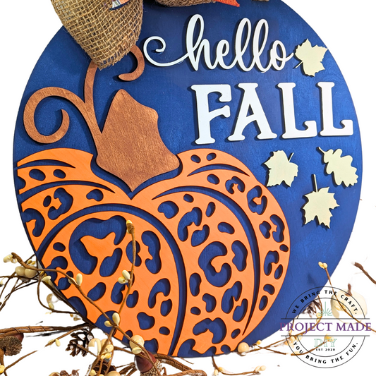 Hello Fall Leopard Print Pumpkin Handmade Wooden Door Hanger (2)