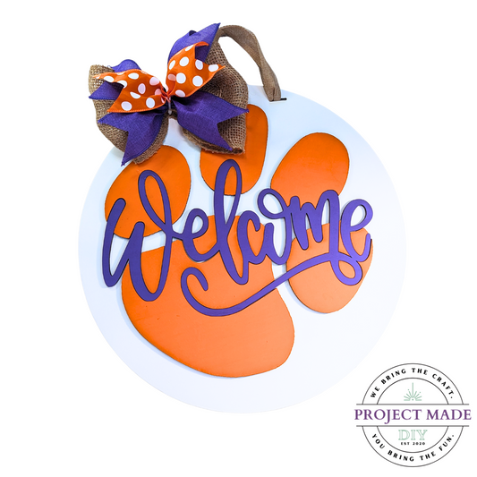 Orange Paw with Purple Welcome Lettering Front Door Hanger